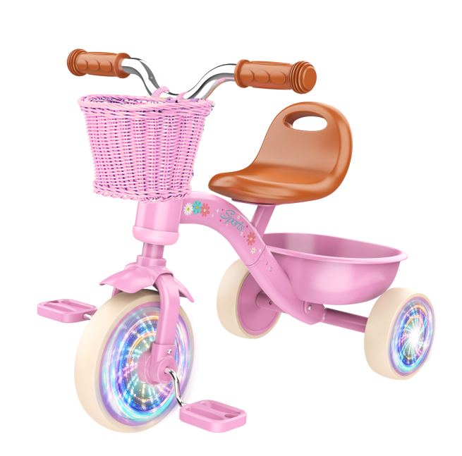 Delightful Pink Toddler Tricycle with LED Flash Wheels, Front Woven Basket & Rear Storage Box - Perfect First Trike for Boys & Girls