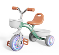 Vintage Sage Green Kids Tricycle with Light-Up Flashing Wheels, Dual Storage Baskets & Brown Ergonomic Seat – Unisex Toddler Trike for Boys & Girls