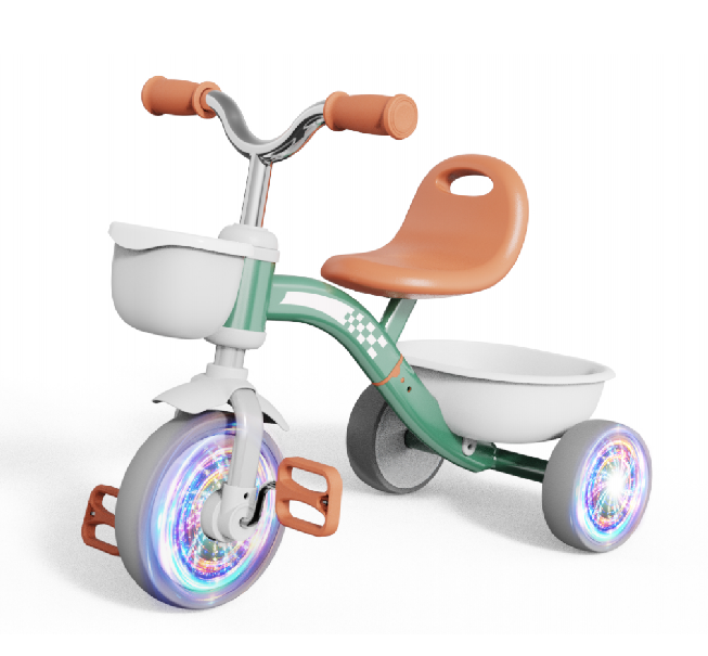 Vintage Sage Green Kids Tricycle with Light-Up Flashing Wheels, Dual Storage Baskets & Brown Ergonomic Seat – Unisex Toddler Trike for Boys & Girls