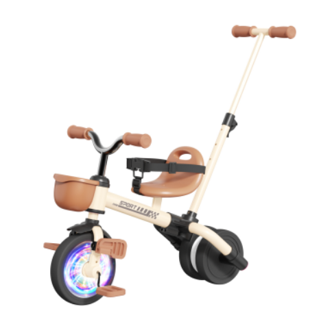 2-in-1 Toddler Push Tricycle with Parent Control Handle, Safety Guardrail, LED Light-Up Wheel & Storage Basket – Cream Beige Stroller Trike for Ages 1–4
