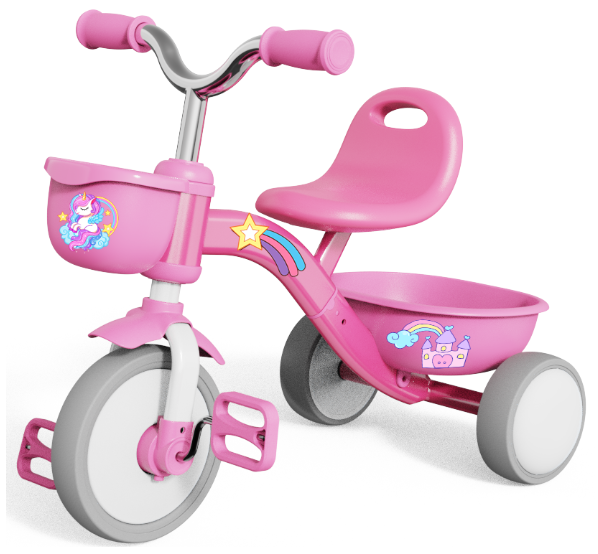 Magical Unicorn Pink Toddler Tricycle with Rainbow Decals, Dual Storage Baskets & Quiet EVA Wheels – Princess 3-Wheel Pedal Bike for Girls Ages 2–5